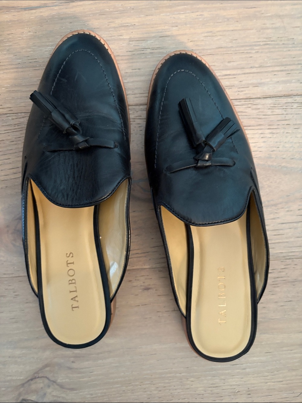 Talbots Black Leather Tassel Backless Loafers